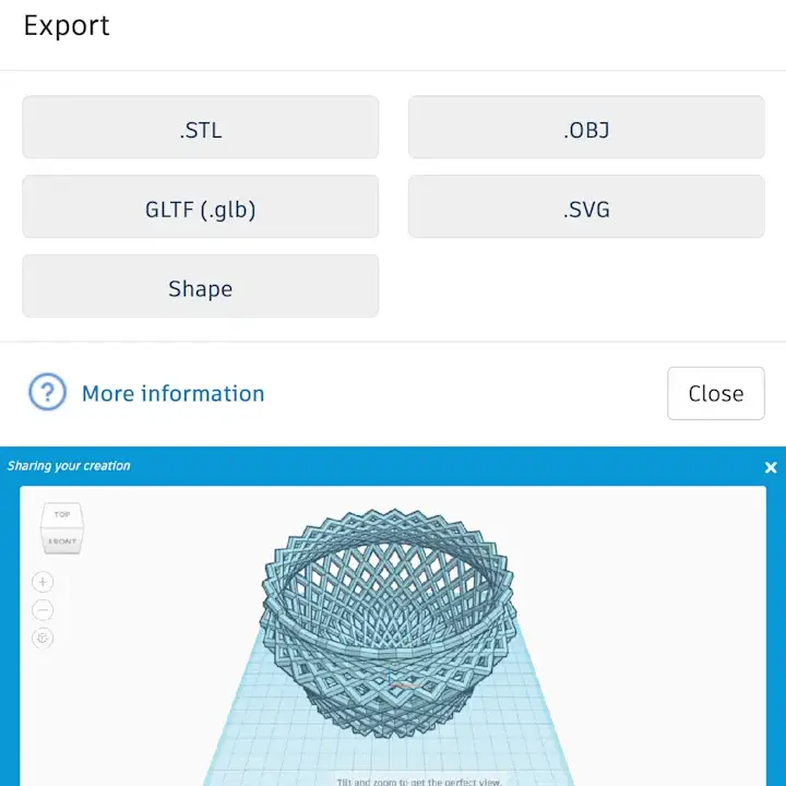 3D model export options including STL, OBJ, GLTF, SVG, with a preview of a geometric wireframe bowl design in a software interface.