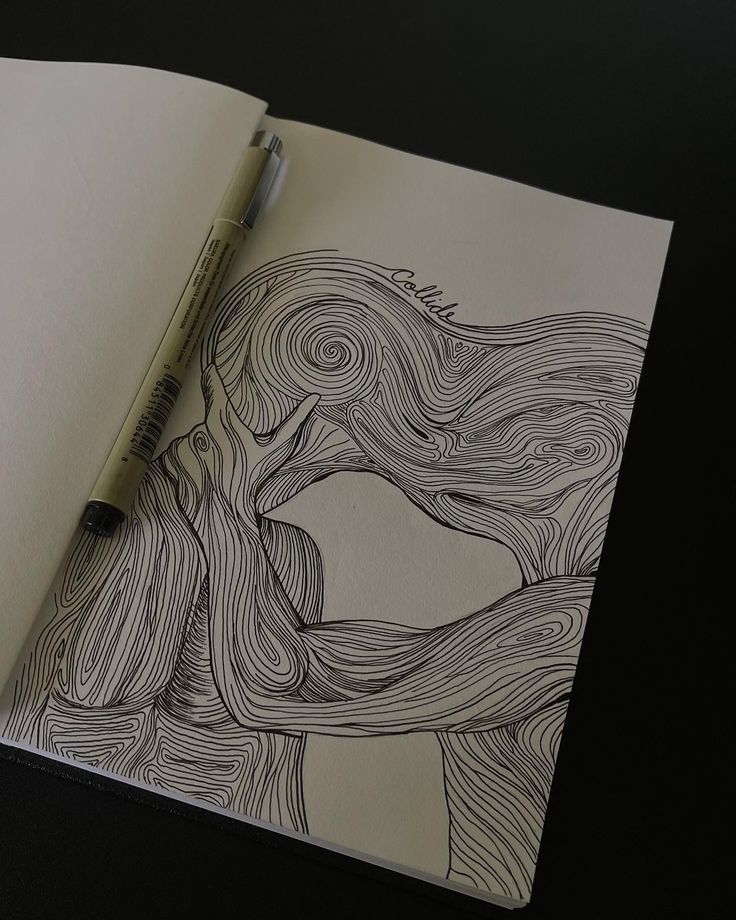 Abstract line art illustration of intertwined figures in a sketchbook, with a pen nearby. Aesthetic drawing labeled Collide.