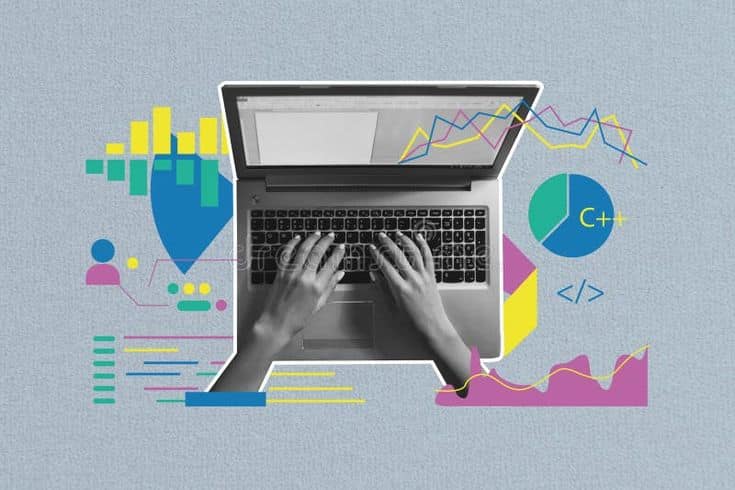 Composite photo collage of hands type macbook keyboard screen interface settings statist Hands typing on laptop with colorful graphs and charts indicating data analysis and programming concepts. | Sky Rye Design Hands typing on laptop with colorful graphs and charts indicating data analysis and programming concepts.