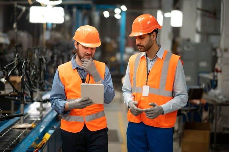 Two workers in safety gear discussing and reviewing tablet data at a factory production line.
