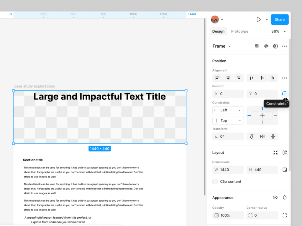 Figma design interface showing text layout with alignment, position, and layout settings. Title reads Large and Impactful Text Title.