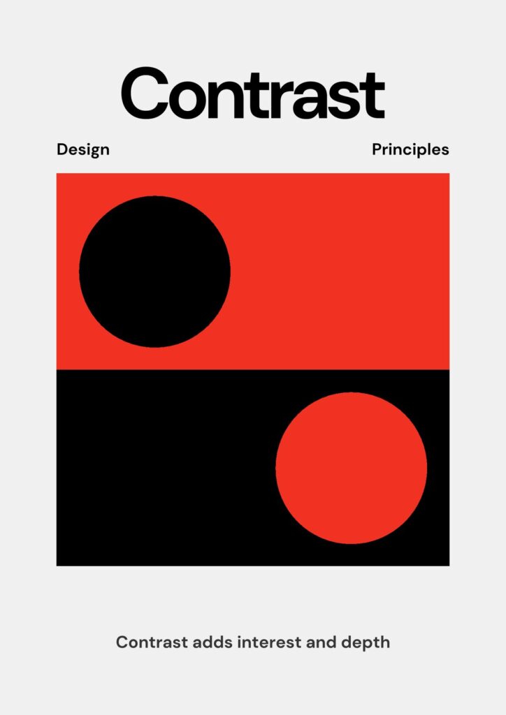 Contrast 1 Design principles: Contrast highlighted with red and black circles creating depth and interest in minimalist style. | Sky Rye Design Design principles: Contrast highlighted with red and black circles creating depth and interest in minimalist style.