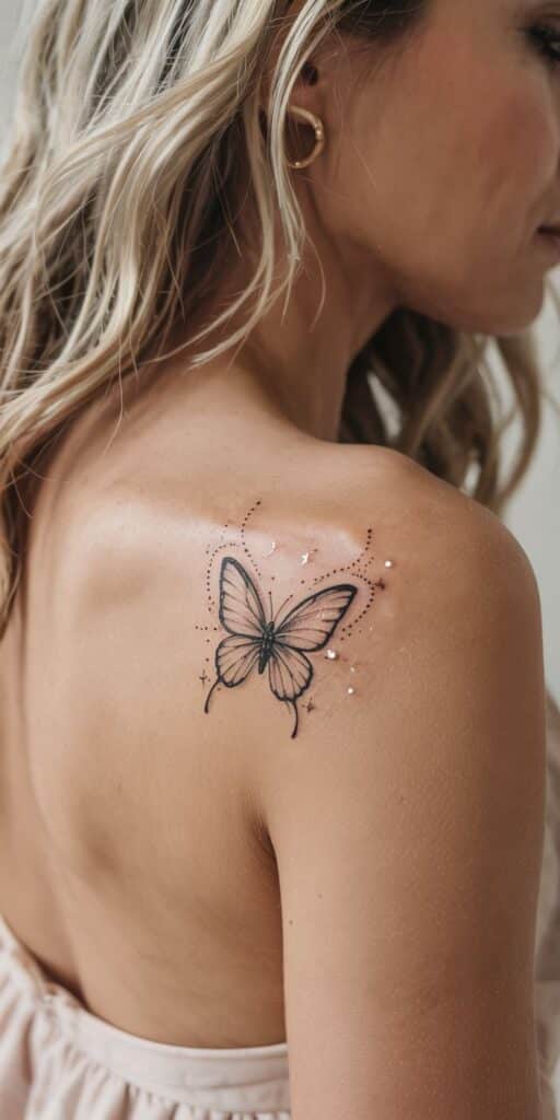 Cool Butterfly Tattoo Idea for Women Close-up of a delicate butterfly tattoo on a woman's shoulder with sparkling accents, showcasing intricate design and style. | Sky Rye Design Close-up of a delicate butterfly tattoo on a woman's shoulder with sparkling accents, showcasing intricate design and style.