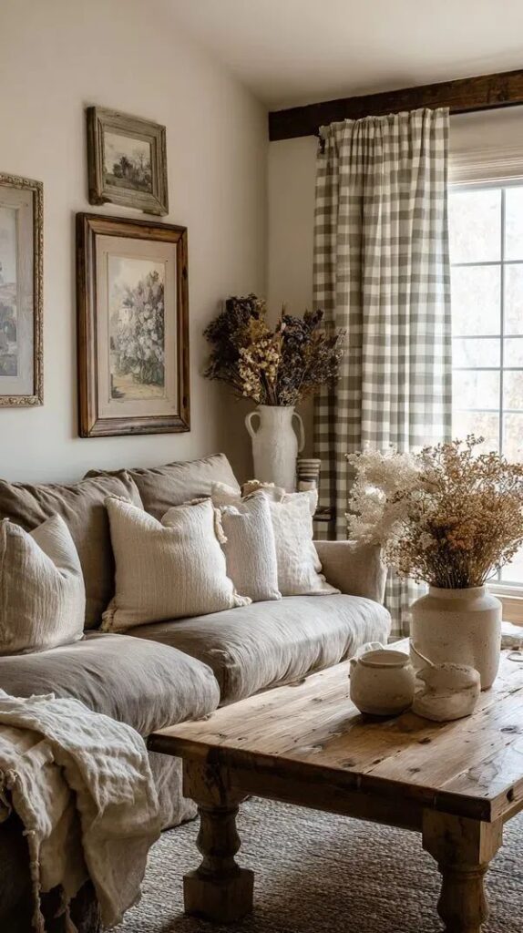 Cottagecore Rustic Whole House Design_ A Cozy Guide to the Cottagecore Aesthetic - Signature Knots Cozy rustic living room with a beige sofa, cushions, wooden table, and dried floral arrangements by a checkered curtain and window. | Sky Rye Design Cozy rustic living room with a beige sofa, cushions, wooden table, and dried floral arrangements by a checkered curtain and window.
