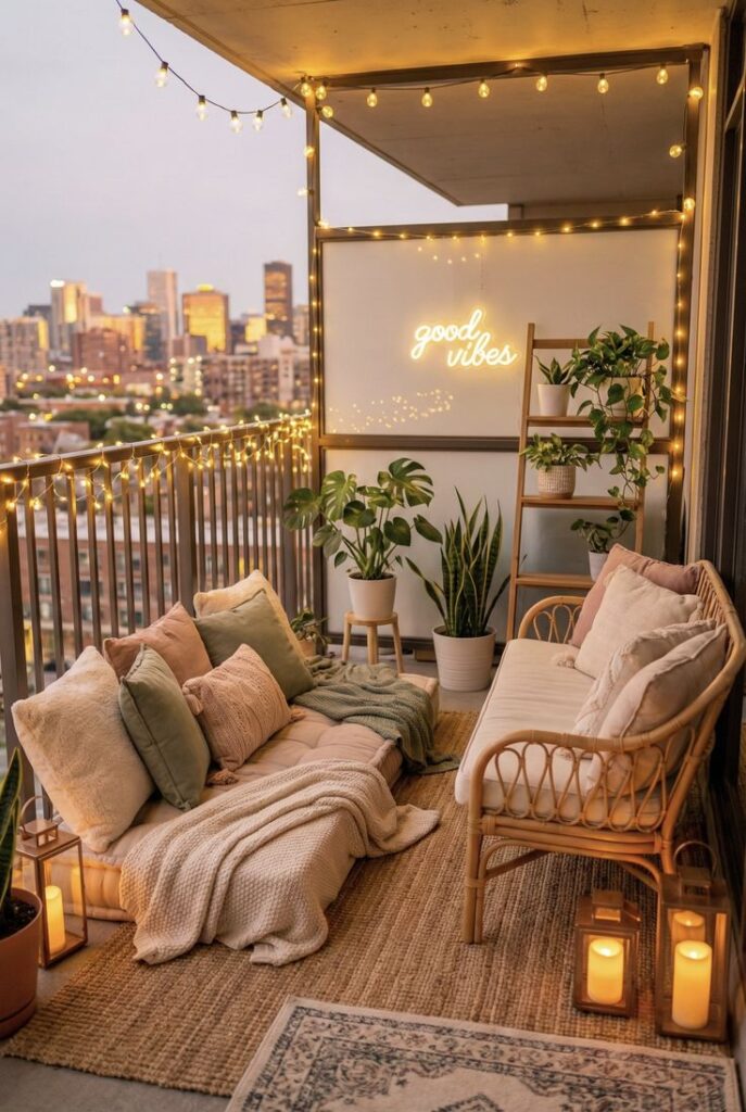 Cozy Apartment Balcony with Warm Ambient Lighting Cozy balcony with cushions, string lights, plants, and a good vibes neon sign, overlooking city skyline at sunset. | Sky Rye Design Cozy balcony with cushions, string lights, plants, and a good vibes neon sign, overlooking city skyline at sunset.