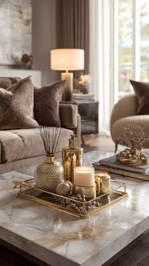 Cozy Living Room Luxury Accessories _ Must-Have Home Decor Pieces Elegant living room with marble coffee table, gold decorative tray, candles, and diffuser, creating a cozy and luxurious ambiance. | Sky Rye Design Elegant living room with marble coffee table, gold decorative tray, candles, and diffuser, creating a cozy and luxurious ambiance.