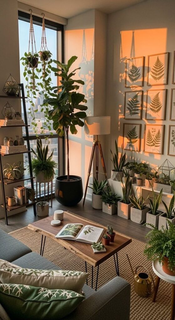 Cozy Velvet Living Room_ Chic Apartment Ideas Modern living room basking in sunset glow, adorned with plants, botanical art, and a cozy couch for a tranquil, nature-inspired vibe. | Sky Rye Design Modern living room basking in sunset glow, adorned with plants, botanical art, and a cozy couch for a tranquil, nature-inspired vibe.