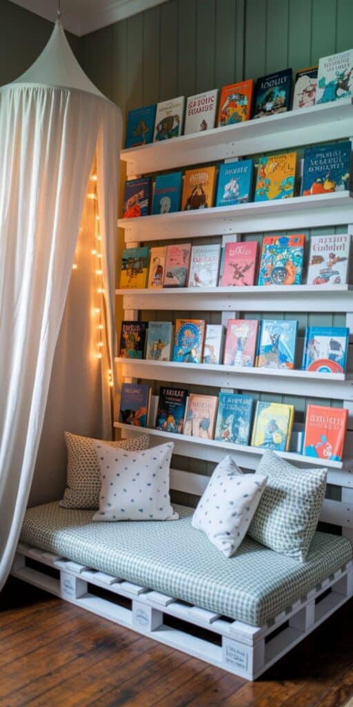 Create a Reading Nook with a Pallet Bookshelf Cozy reading nook with pallet seating, cushions, fairy lights, and colorful book display on shelves, perfect for a relaxing book escape. | Sky Rye Design Cozy reading nook with pallet seating, cushions, fairy lights, and colorful book display on shelves, perfect for a relaxing book escape.