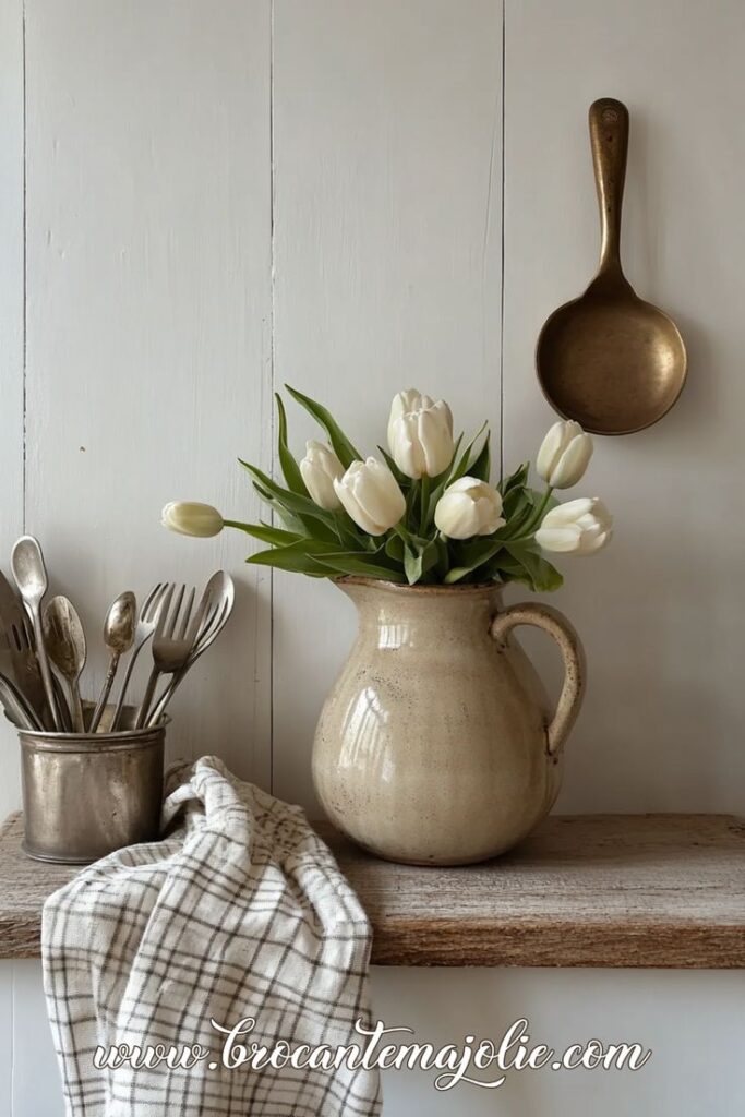 Create a Warm Inviting Space with Vintage Items Rustic kitchen decor with white tulips in a vintage jug, metal cutlery, and a plaid cloth on a wooden shelf. | Sky Rye Design Rustic kitchen decor with white tulips in a vintage jug, metal cutlery, and a plaid cloth on a wooden shelf.