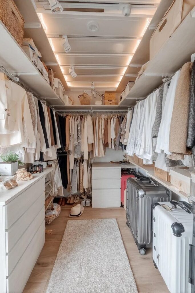 Create a clutter-free sanctuary with smart Modern walk-in closet with organized shelves, clothes, and suitcases, illuminated by stylish lighting. Neat and stylish storage solution. | Sky Rye Design Modern walk-in closet with organized shelves, clothes, and suitcases, illuminated by stylish lighting. Neat and stylish storage solution.