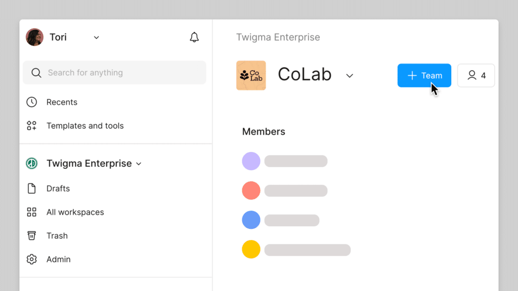 Create a new team in an organization 1 Workspace dashboard showing CoLab project with team member list and options for creating new teams in Twigma Enterprise. | Sky Rye Design Workspace dashboard showing CoLab project with team member list and options for creating new teams in Twigma Enterprise.