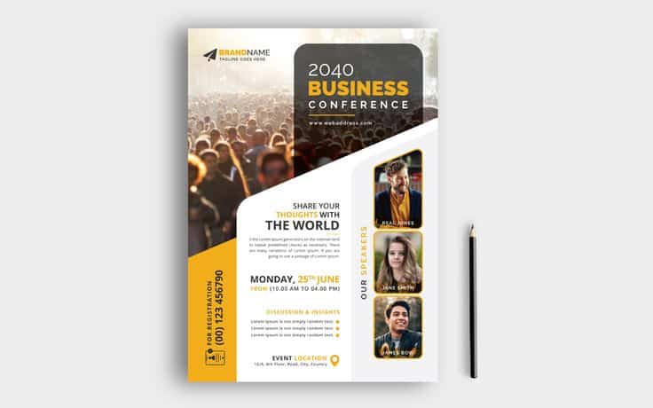 Flyer for 2040 Business Conference, featuring event details, speaker photos, and a crowd background. Contact info included.