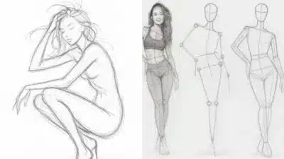 Sketches of female figure poses: sitting, standing with guidelines, and wearing workout clothes, highlighting artistic anatomy techniques.