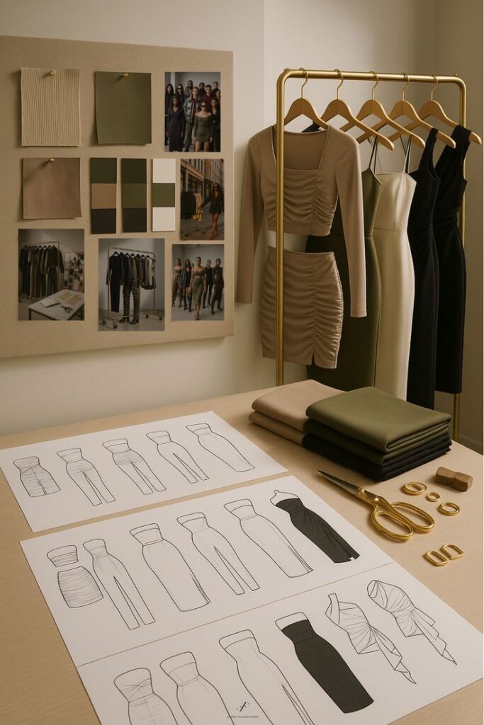 Creative Planning Tools That Actually Work _ In The Making_ SZN26 Fashion studio with dress sketches, fabric swatches, and garments on a rack. Design process and mood board creativity in neutral tones. | Sky Rye Design Fashion studio with dress sketches, fabric swatches, and garments on a rack. Design process and mood board creativity in neutral tones.