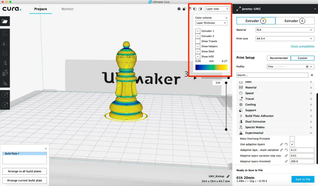 Cura_Adaptive_Layers_05_2018-04-5_1600x 3D model of a bishop chess piece in Ultimaker Cura, color-coded for layer thickness, ready for 3D printing settings adjustment. | Sky Rye Design 3D model of a bishop chess piece in Ultimaker Cura, color-coded for layer thickness, ready for 3D printing settings adjustment.