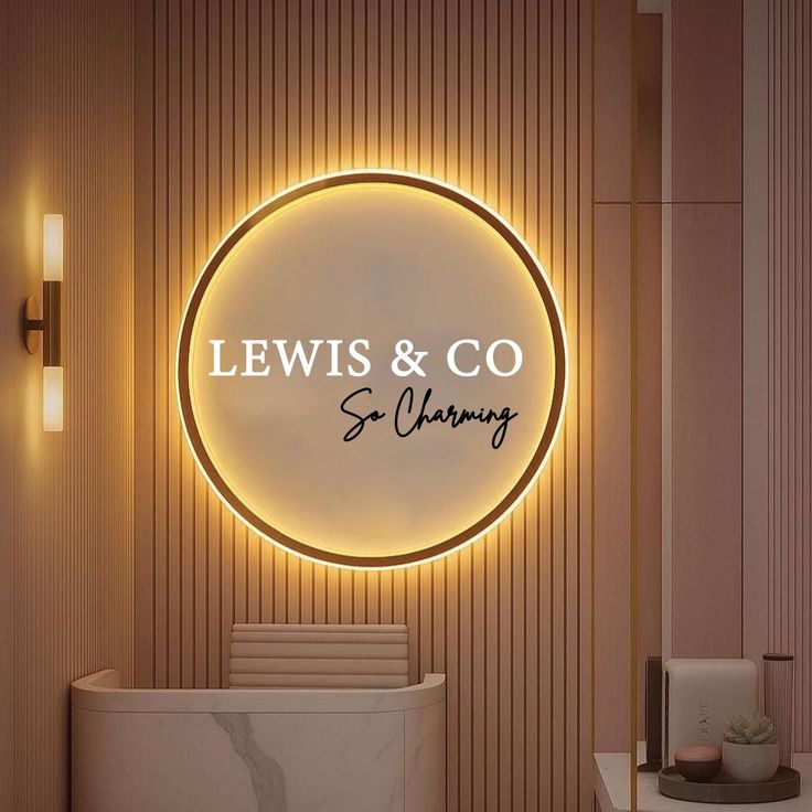 Custom 3D Acrylic Business Sign Unique Acrylic Backlit Sign Light Up Sign Business Logo Sign Glowing round sign with LEWIS & CO, So Charming in a modern room, highlighting elegant lighting and chic interior design. | Sky Rye Design Glowing round sign with LEWIS & CO, So Charming in a modern room, highlighting elegant lighting and chic interior design.