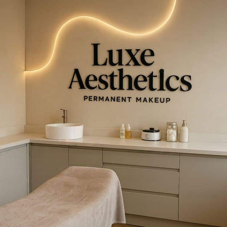 Custom 3D Acrylic Mirror Business Logo Sign Laser Cut Aesthetic Business Sign Office Beauty Salon Luxurious aesthetics studio for permanent makeup, featuring modern decor with a treatment bed, sink, and stylish lighting. | Sky Rye Design Luxurious aesthetics studio for permanent makeup, featuring modern decor with a treatment bed, sink, and stylish lighting.