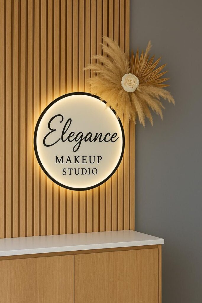 Custom Beauty Studio Glow Up Sign Acrylic Salon Backlit Sign Business Logo Signs Wall and Door Office Sign Wall LED Salon logo sign Illuminated Elegance Makeup Studio sign with floral decor on a wooden wall, creating a stylish and welcoming ambiance. | Sky Rye Design Illuminated Elegance Makeup Studio sign with floral decor on a wooden wall, creating a stylish and welcoming ambiance.