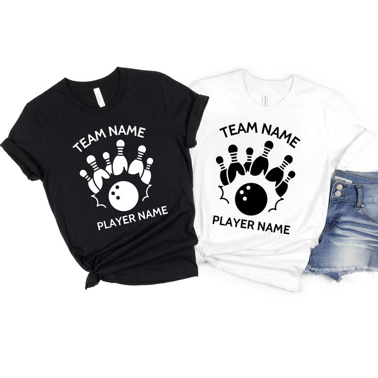 Custom Bowling Shirt Personalized Bowling Team Tshirt Crew Matching Shirt Bowling Squad T-Shirt Birthday Party Tees Gift For Crew Mates Custom bowling team t-shirts in black and white with pin and ball graphics, paired with denim shorts. Perfect for teams and players. | Sky Rye Design Custom bowling team t-shirts in black and white with pin and ball graphics, paired with denim shorts. Perfect for teams and players.