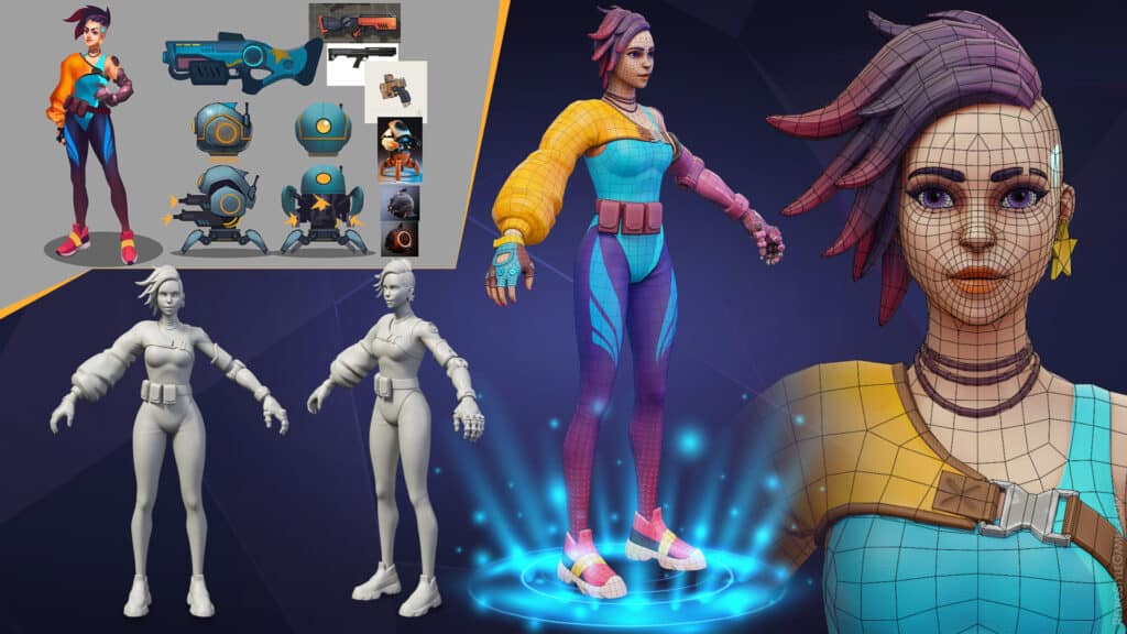 3D character design with colorful outfit, weapons, and modeling stages, showcasing detailed textures and futuristic style.