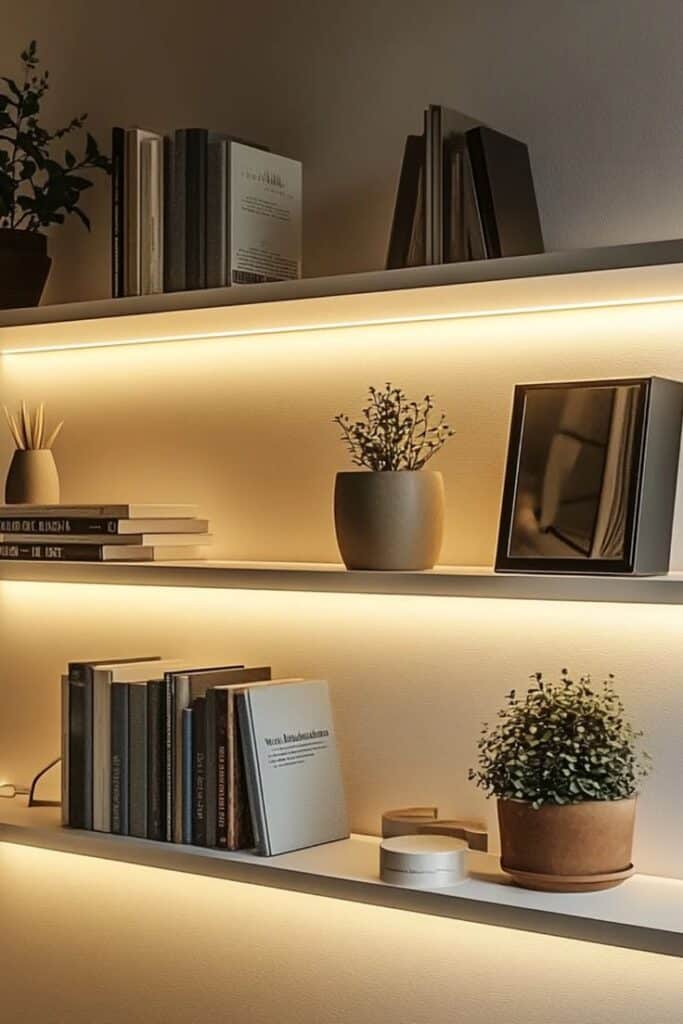 DIY Floating Shelves with Built-In LED Lighting Modern wall shelves with books, potted plants, and soft LED lighting, creating a cozy and stylish home library atmosphere. | Sky Rye Design Modern wall shelves with books, potted plants, and soft LED lighting, creating a cozy and stylish home library atmosphere.