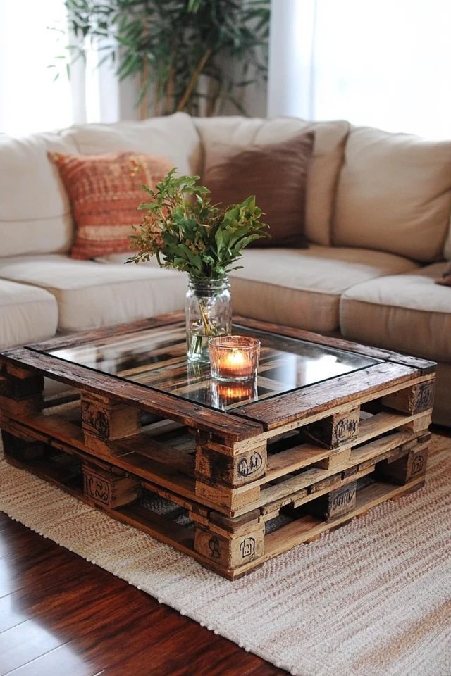 DIY Pallet Coffee Table 🛠️☕ 1 Rustic coffee table made from wooden pallets with a glass top, adorned with a candle and vase, in a cozy living room setting. | Sky Rye Design Rustic coffee table made from wooden pallets with a glass top, adorned with a candle and vase, in a cozy living room setting.