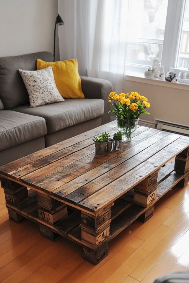 DIY Pallet Coffee Table 🛠️☕ Stylish living room with a DIY pallet coffee table, gray sofa, yellow pillow, and vase of yellow flowers on wooden floor. Cozy decor ideas. | Sky Rye Design Stylish living room with a DIY pallet coffee table, gray sofa, yellow pillow, and vase of yellow flowers on wooden floor. Cozy decor ideas.