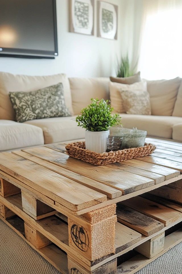 DIY Pallet Wood Coffee Table 🛠️☕ 1 Wooden pallet coffee table with plants and decor in a cozy living room featuring a beige sofa and decorative pillows. | Sky Rye Design Wooden pallet coffee table with plants and decor in a cozy living room featuring a beige sofa and decorative pillows. diy pallet coffee table