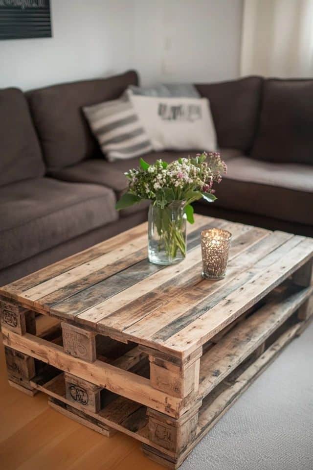 DIY Pallet Wood Coffee Table 🛠️☕ Rustic pallet coffee table with flowers and a candle, set in a cozy living room with a brown sofa. | Sky Rye Design Rustic pallet coffee table with flowers and a candle, set in a cozy living room with a brown sofa.
