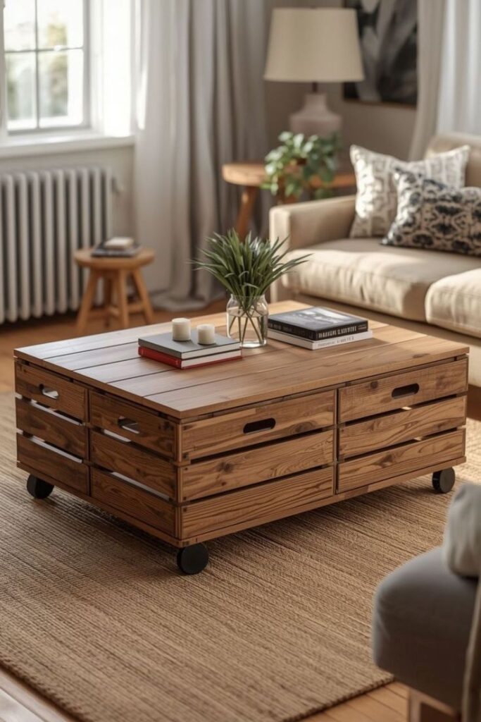 DIY Rustic Coffee Table from Wooden Crates - Easy Furniture Hack Wooden coffee table with books and plants in cozy living room near sofa, natural light streaming through a window. | Sky Rye Design Wooden coffee table with books and plants in cozy living room near sofa, natural light streaming through a window.