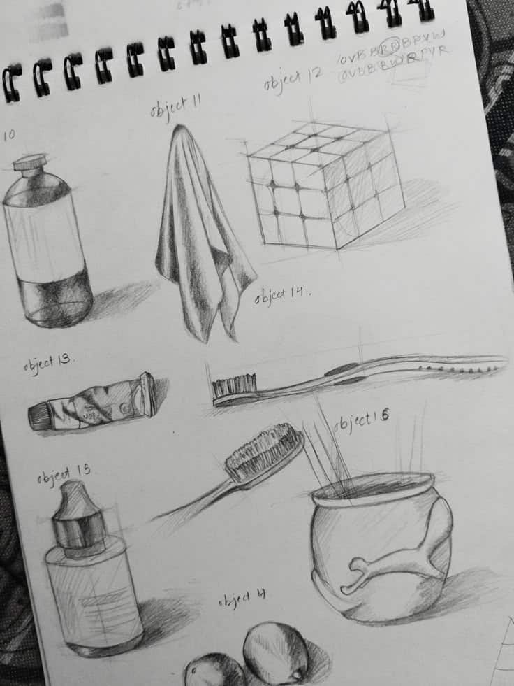 Daily Live sketch Sketchbook page with detailed pencil drawings of various objects, including a bottle, cloth, cube, toothbrush, and apples. | Sky Rye Design Sketchbook page with detailed pencil drawings of various objects, including a bottle, cloth, cube, toothbrush, and apples.
