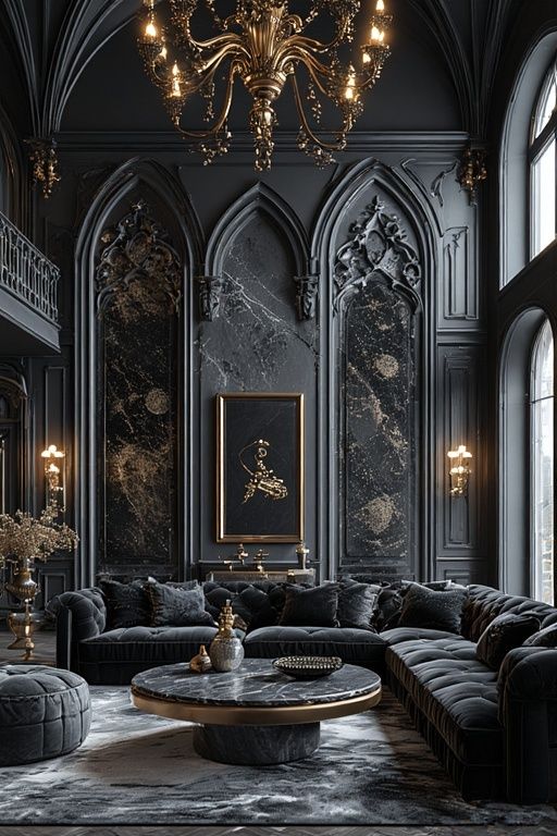 Dark Baroque Modern Palace Moody Goth Millionaire Living Room Ideas Luxurious dark-themed living room with opulent chandelier, velvet sectional sofa, marble table, and ornate wall panels, exuding elegance. | Sky Rye Design Luxurious dark-themed living room with opulent chandelier, velvet sectional sofa, marble table, and ornate wall panels, exuding elegance.