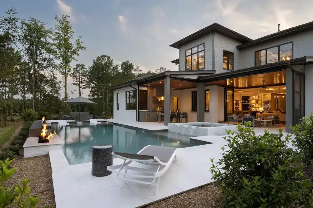 Dawning_OptionalPool-Dusk Modern luxury home with sleek pool, outdoor fire pit, and spacious patio surrounded by trees. Ideal for relaxation and entertainment. | Sky Rye Design Modern luxury home with sleek pool, outdoor fire pit, and spacious patio surrounded by trees. Ideal for relaxation and entertainment.