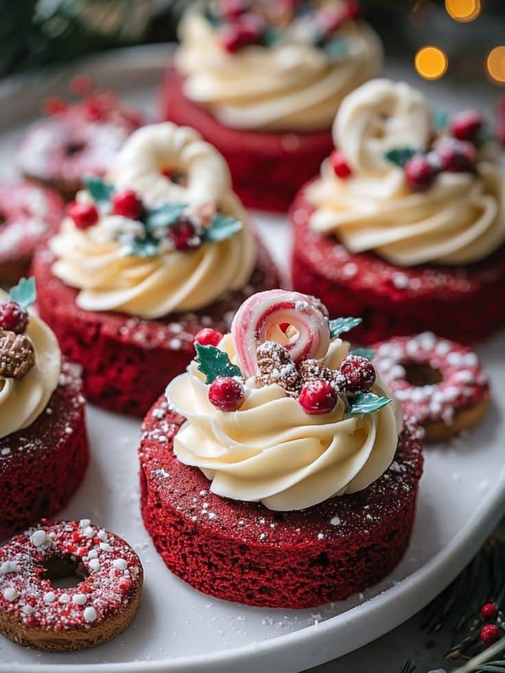 Decadent Red Velvet Mini Cakes_ Sweet Christmas Recipe _ Best Individual Holiday Dessert Festive red velvet cupcakes with creamy frosting, topped with berries, candy canes, and holly leaves, perfect for a holiday dessert table. | Sky Rye Design Festive red velvet cupcakes with creamy frosting, topped with berries, candy canes, and holly leaves, perfect for a holiday dessert table.