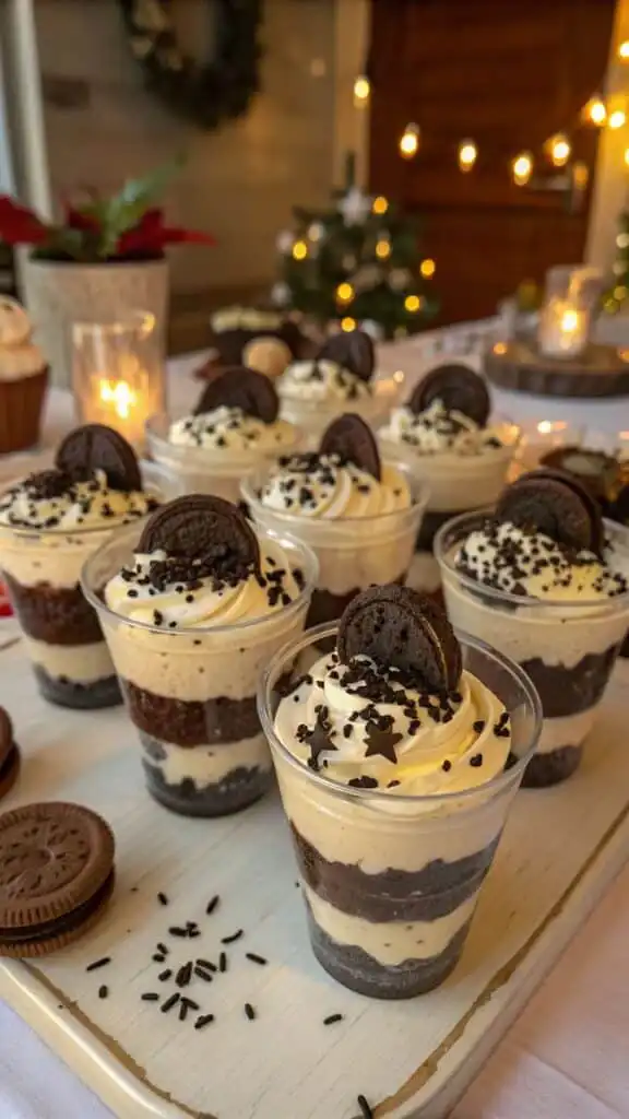 Mini Oreo parfaits with cream and chocolate layers, topped with cookie halves and sprinkles on a festive holiday table setting.
