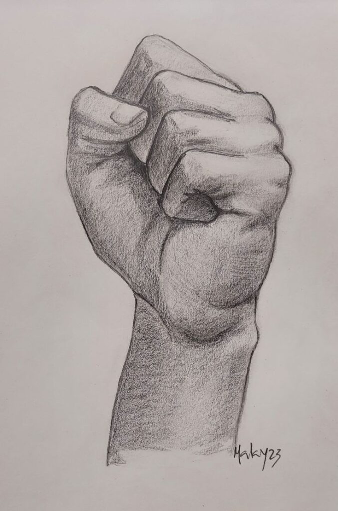 Pencil sketch of a raised fist symbolizing strength and unity. Detailed shading highlights realism and artistic skill.