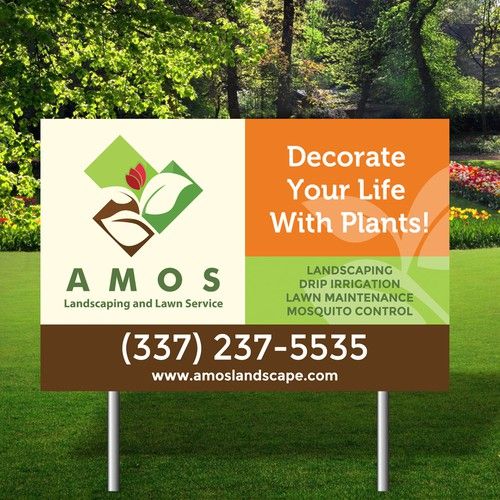 Landscape service sign for AMOS Landscaping, promoting lawn care, irrigation, mosquito control. Contact: (337) 237-5535. amoslandscape.com