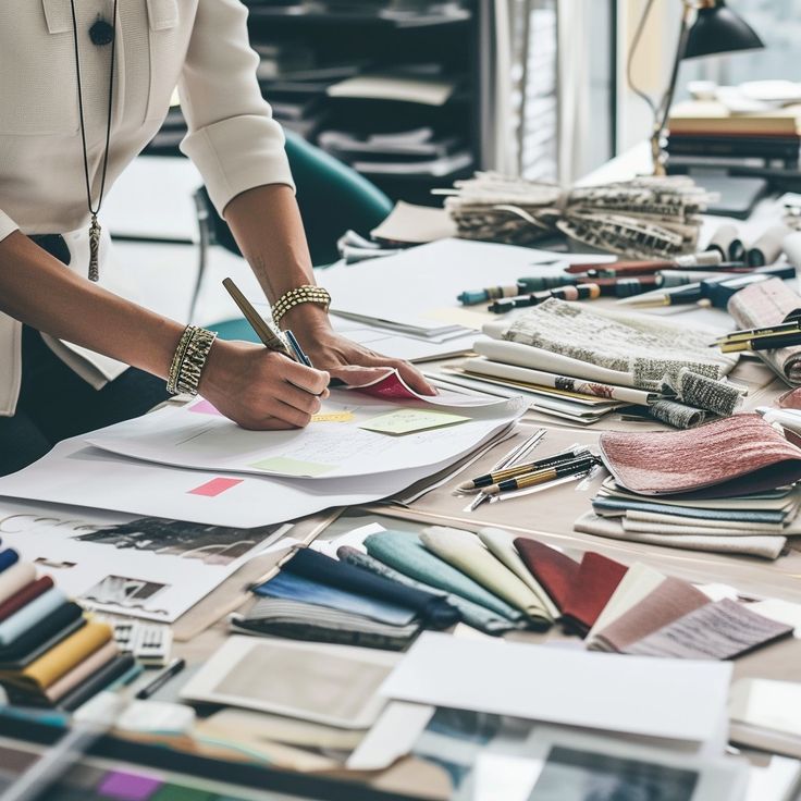 Designer at Work Designer working at a desk filled with fabric swatches, sketches, and tools, illustrating the creative process in fashion design. | Sky Rye Design Designer working at a desk filled with fabric swatches, sketches, and tools, illustrating the creative process in fashion design.