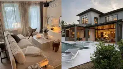 Elegant living room interior and modern house exterior with poolside view, showcasing luxury home design and peaceful ambiance.