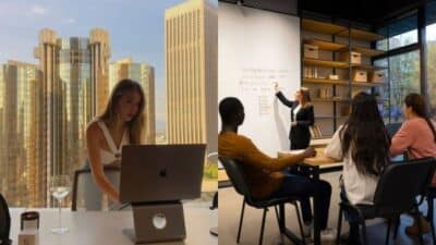 Two-part image: Woman working on a laptop in a city high-rise setting; business meeting with a woman presenting at a whiteboard.