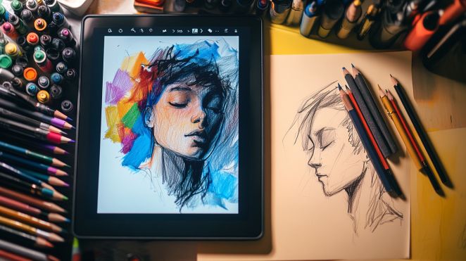 Digital Drawing Tablets vs_ Traditional Art Supplies_ Which Art Medium Packs More Creative Power_ Digital and traditional art tools with a tablet displaying a colorful portrait beside a pencil sketch on paper. | Sky Rye Design Digital and traditional art tools with a tablet displaying a colorful portrait beside a pencil sketch on paper.