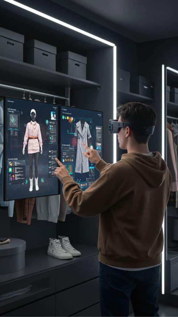 Digital Fashion_ NFTs and Virtual Clothing Explained Person using virtual reality headset and touchscreen for futuristic fashion design in a modern closet setting. | Sky Rye Design Person using virtual reality headset and touchscreen for futuristic fashion design in a modern closet setting.