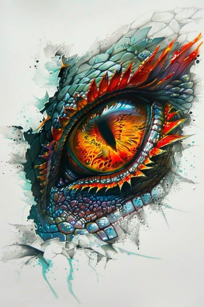 Discover 65 Unique Eye Tattoo Design Ideas for Men in 2024 Vivid artistic rendering of a dragon eye with intricate scales and vibrant colors, showcasing detailed textures and imaginative design. | Sky Rye Design Vivid artistic rendering of a dragon eye with intricate scales and vibrant colors, showcasing detailed textures and imaginative design.