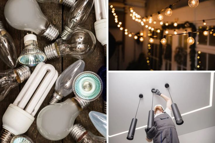 Discover the 55 Different Types of Light Bulbs to Light Up Your World Various light bulbs, string lights illuminating a patio, and a technician installing ceiling lamps indoors. | Sky Rye Design Various light bulbs, string lights illuminating a patio, and a technician installing ceiling lamps indoors.