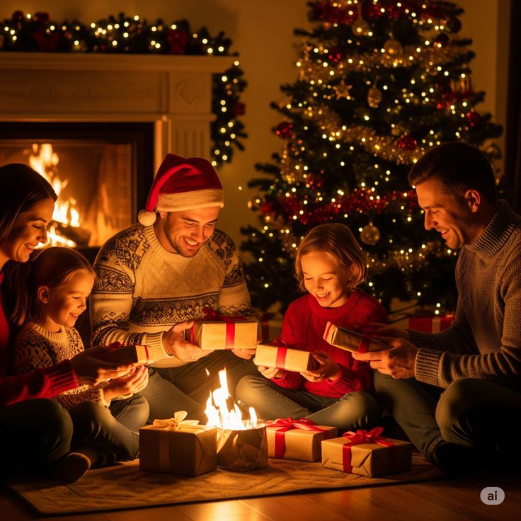 Family exchanging gifts by a cozy fireplace with a decorated Christmas tree in the background, creating a warm holiday atmosphere.
