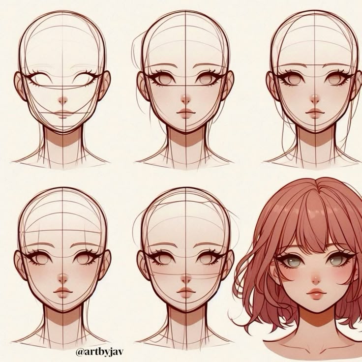 Do you want to learn how to draw an anime girl character_ Inspire yourself with this tutorial ✍🏼✨ Anime face drawing tutorial showing six step-by-step stages, from sketch to completed illustration with detailed hair and features. | Sky Rye Design Anime face drawing tutorial showing six step-by-step stages, from sketch to completed illustration with detailed hair and features.