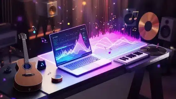 Don_t-Let-Best-Ideas-Fade-The-Instant-Cure-for-Lost-Song-Syndrome Modern music studio setup with a laptop, guitar, keyboard, and digital sound waves. Perfect for music production and creativity. | Sky Rye Design Modern music studio setup with a laptop, guitar, keyboard, and digital sound waves. Perfect for music production and creativity.