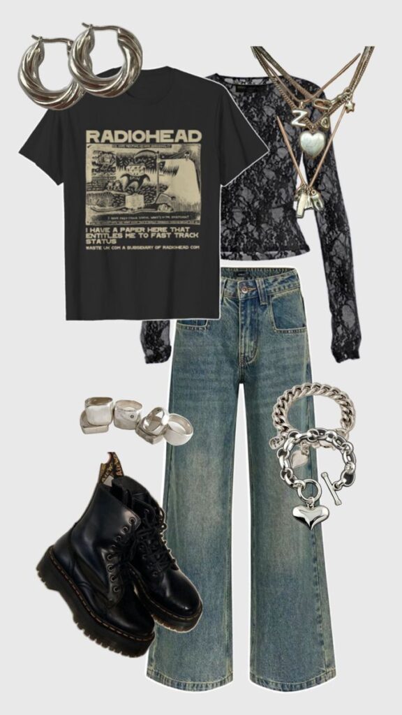 Trendy outfit with Radiohead T-shirt, lace crop top, jeans, boots, hoop earrings, layered necklaces, silver rings, and bracelets.