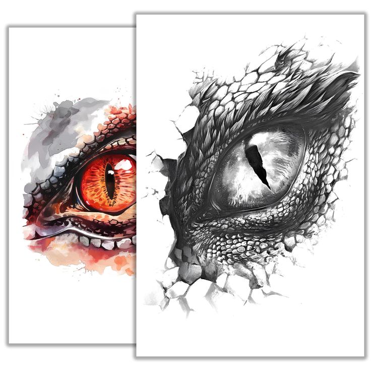 Dragon Eye Tattoo Sketch Fierce Fantasy Reptile Eye Line Art Blackwork Flash Design Printable Tattoo Mythical Creature Download - Etsy Artistic illustration of dragon eyes; one fiery red, the other monochrome, showcasing intricate textures and intense expressions. | Sky Rye Design Artistic illustration of dragon eyes; one fiery red, the other monochrome, showcasing intricate textures and intense expressions.
