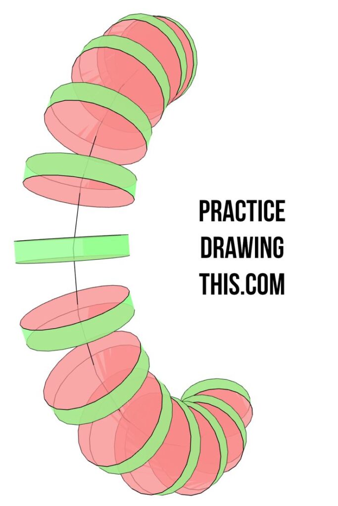 Draw a 3D Circle 1 Illustration of a twisting cylindrical shape with pink discs and green bands, featuring text Practice Drawing This.com for drawing practice. | Sky Rye Design Illustration of a twisting cylindrical shape with pink discs and green bands, featuring text Practice Drawing This.com for drawing practice.